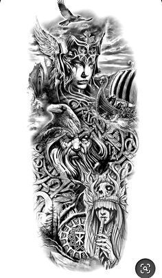 Norse Mythology Tattoo Sleeve Men, Norse Woman Tattoo, Viking Tattoo Sleeve For Women, Norse Valkyrie Tattoo, Viking Sleeve Tattoo Design, Nordic Sleeve Tattoos For Men, Nordic Gods Tattoo, Valkyrie Tattoo Design Norse Mythology, Viking Theme Tattoo