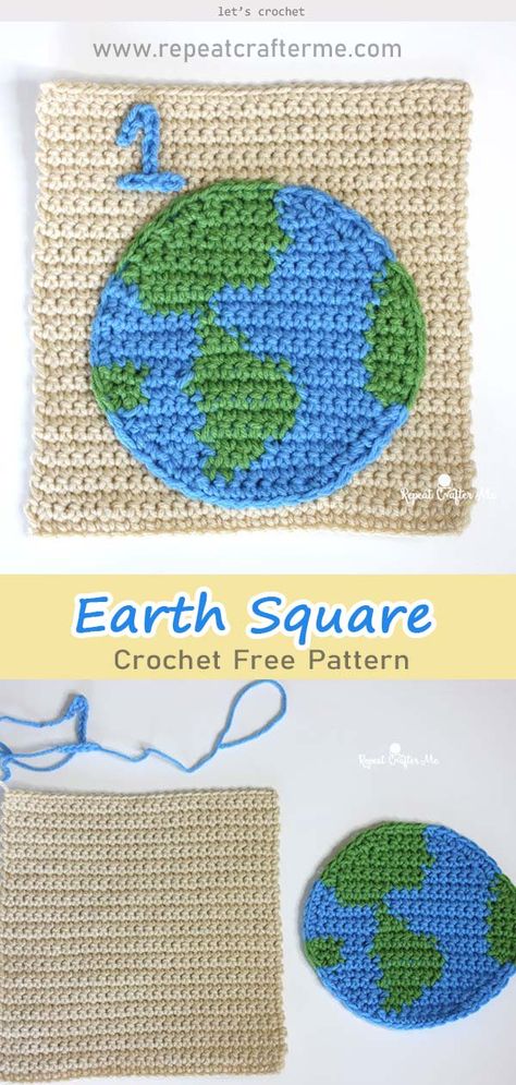 Earth Square Crochet Free Pattern #letscrochetfreepattern #crochetsquares #crochetforkids Fun Granny Square Crochet Pattern, Crochet Book Applique, Space Granny Square, Earth Granny Square Pattern, Earth Crochet Pattern, Free Space Crochet Patterns, Space Granny Square Crochet, Earth Grid Crochet, Crochet Earth Granny Square