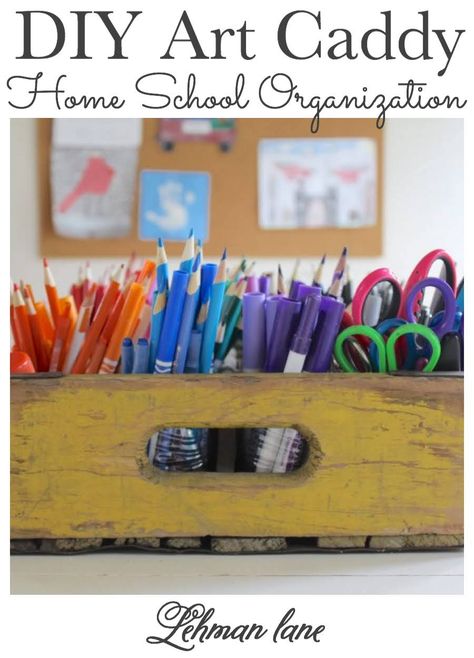 DIY Art Caddy from an Old Beverage Crate (Home School Organization) - Lehman Lane Art Supply Caddy, Homework Station Diy, Home School Organization, Pencil Caddy, Art Caddy, Diy Cork Board, Handmade Kids Toys, Art Supply Organization, Cork Diy