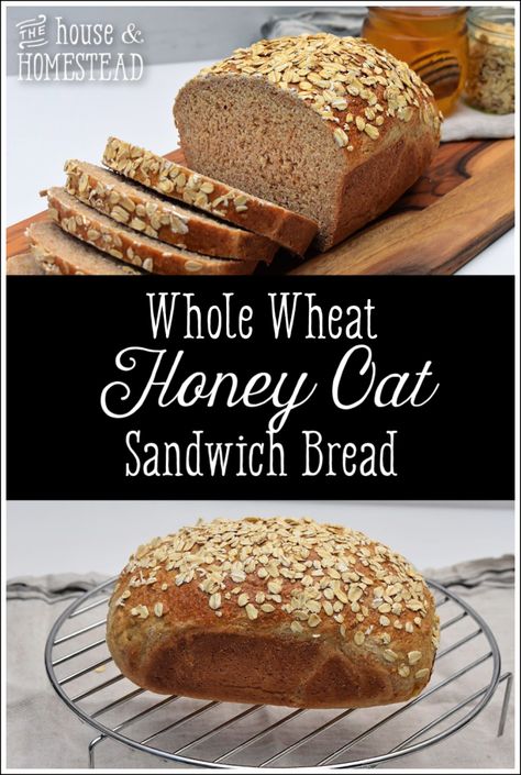 Whole Wheat Honey Oat Sandwich Bread - The House & Homestead Oat Sandwich Bread, Emergency Preparedness Food Storage, Homemade Sandwich Bread, Survival Preparedness, Honey Wheat Bread, Emergency Preparedness Food, Wheat Bread Recipe, Homemade Sandwich, Bread At Home