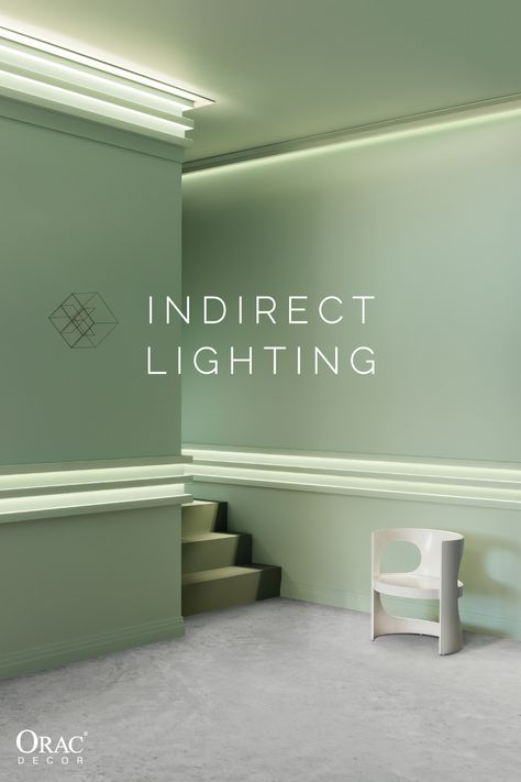 Sage green walls with indirect lighting. Uplighters and downlighters Uplighting Interior Living Rooms, Uplighters Living Room, Indirect Lighting Living Room, Uplighting Interior, Coving Lighting, Rendering Ideas, Ceiling Trim, Aesthetic Architecture, Interior Led Lights