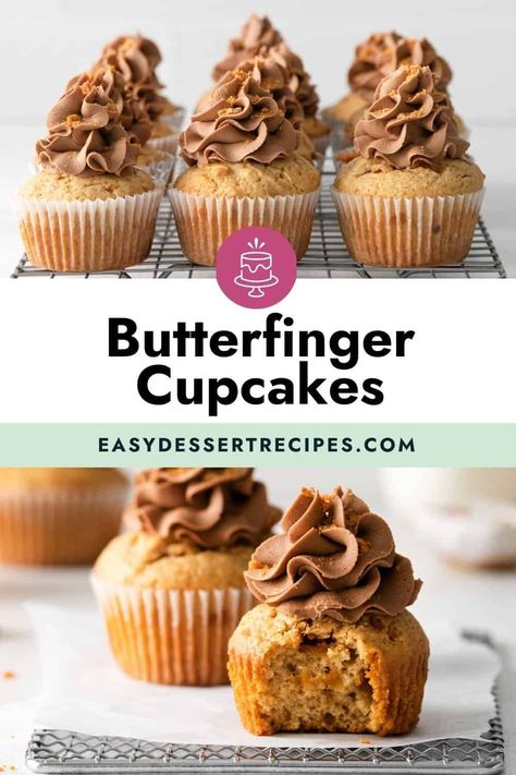 These Butterfinger Cupcakes are so easy to make and they're always a hit! The peanut butter cupcakes are filled with Butterfinger pieces and peanuts, and topped off with a chocolate buttercream frosting. They're moist, flavorful, and have a nice crunch from the candy. Butterfinger Cupcakes, Fall Desserts Thanksgiving, Peanut Butter Cupcakes, Family Desserts, Butter Cupcakes, Easy Cupcake Recipes, Easy Dessert Recipes, Chunky Peanut Butter, Chocolate Buttercream Frosting