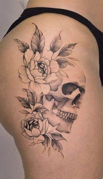 <<Check out more Skull tattoos #tattoomenow #tattooideas #tattoodesigns #tattoos #skull Tattoos With Skulls For Women, Tattoo Ideas Skull Women, Skull Rose Tattoo For Women, Side Profile Skull Tattoo, Skull And Roses Tattoos For Women, Skull Back Piece Tattoo, Skull Thigh Tattoo Women, Women Skull Tattoo Ideas, Feminine Skull Tattoos For Women