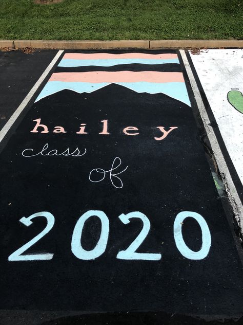 Parking Spot Painting Mountains, Christian Painted Parking Spots, Parking Space Painting Ideas Boys, 2025 Parking Spot, School Parking Lot Painting, Chalking Senior Parking Spots, Painted Parking Spaces Ideas, Parking Lot Painting, Parking Spot Painting