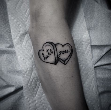 Heart Letter Tattoo, Candy Hearts Tattoo, Heart Tattoo Black, Candy Heart Tattoo, Symbol For Family Tattoo, Mother Son Tattoos, Baby Name Tattoos, Pawprint Tattoo, Mouse Tattoos