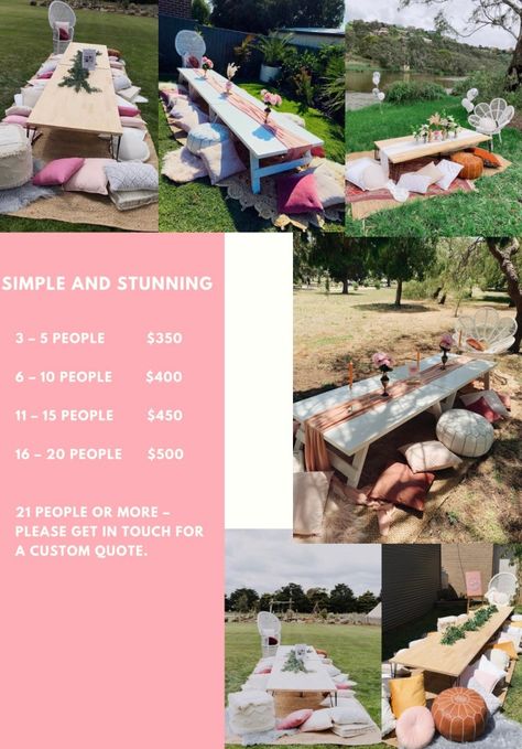 POP UP PICNIC PACKAGES - A Simple Wish Events Pop Up Party Ideas, Lux Picnic, Pop Up Picnic, Picnic Business, Beach Picnic Party, Picnic Event, Party Rental Ideas, Event Rental Business, Party Rentals Business