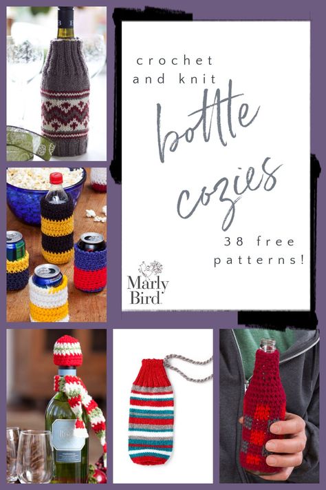 38 Free Crochet and Knit Bottle Cozies Crochet Beer Bottle Cozy Pattern Free, Beer Bottle Cozy Crochet Pattern, Crochet For Men Gift Ideas, Beer Bottle Cozy, Can Cozies, Crochet Beer, Holiday Wine Bottles, Bottle Cozy, Marly Bird