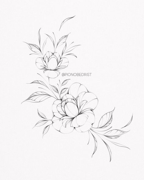 Fineline Flower Tattoo Design, Peony Tattoo Design, Peony Flower Tattoos, Rose Tattoo Stencil, Peony Drawing, Mujeres Tattoo, Latest Tattoo Design, Floral Thigh Tattoos, Wrap Tattoo