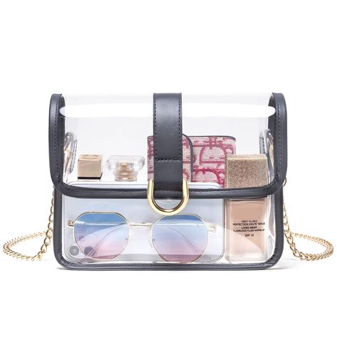 PRICES MAY VARY. Leather Imported Clear purse stadium approved: Measures 8.3x5.9x3 inches，the stylish small clear crossbody bag is decent to hold wallet, phone, sunglasses, small makeup items, suitable for where requires stadium approved clear bags such as concert, venues, festival, sport event, football games, etc. And it is a stylish on the go bag for quick errands for ladies. Leather padded detachable & adjustable Chain: Please adjust length of the metal chain through the D-ring to fit your t Concert Venues, Clear Stadium Bag, Clear Handbags, Stadium Bag, Clear Purses, Clear Plastic Bags, Transparent Bag, Go Bags, Small Makeup