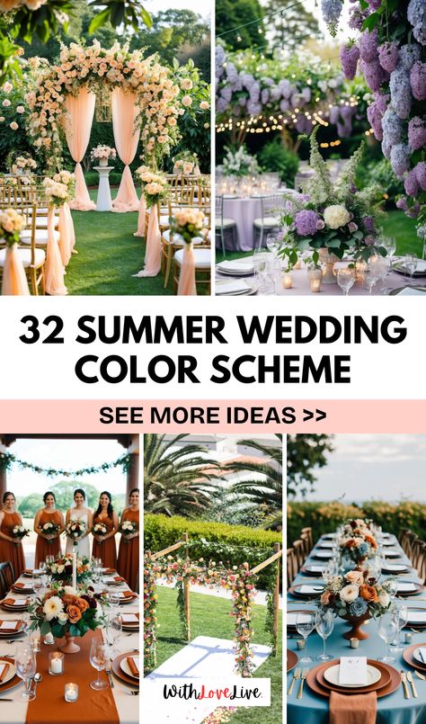 💒🌞 Set the tone for your summer wedding with stunning color scheme ideas that capture the essence of the season! Explore our top picks for romantic and bright palettes. 🌈 Check out our article and don’t forget to save this pin for the ultimate wedding inspiration! Elopement Color Schemes, Classic Summer Wedding Colors, Wedding Ideas Colour Schemes, Summer Wedding Design, July Outdoor Wedding Colors, Forest Wedding Colors Palette Summer, Pnw Wedding Colors, Wedding Color Schemes For August, Wedding Inspiration Color Schemes