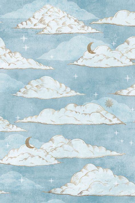 Light Blue Stars Aesthetic, Moon And Clouds Illustration, Vintage Star Wallpaper, Soft Clouds Aesthetic, Sun And Moon Aesthetic Wallpaper, Magical World Aesthetic, Sky Children Of The Light Wallpaper, Sun And Moon Wallpaper Aesthetic, Sun Lockscreen