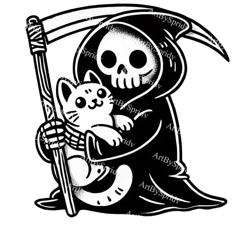 Cute Grim Reaper Art, Grim Reaper Illustration, Kawaii Skeleton, Gothic Illustration, Spooky Cats, Hello Kitty Clipart, Clip Art Frames Borders, Cute Skeleton, Cat Png