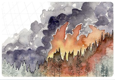 "Increasing Forest Fire Activity" uses global temperature rise information from Climate Central. Fortunately, I was not near any of the massive forest fires that raged before, during, and after my two weeks in Washington this summer, but I was greeted with many smoke-filled days. On some days, when the winds blew from the fire toward us, the smell and taste of the smoke overpowered my senses, even though the fire was about 100 miles away. As temperatures increase, and drought or even drier t... Forest Fire, Nature Illustration, Environmental Art, Beautiful Paintings, Culture Art, Original Watercolors, Beautiful Nature, Watercolor Art, Watercolor Paintings