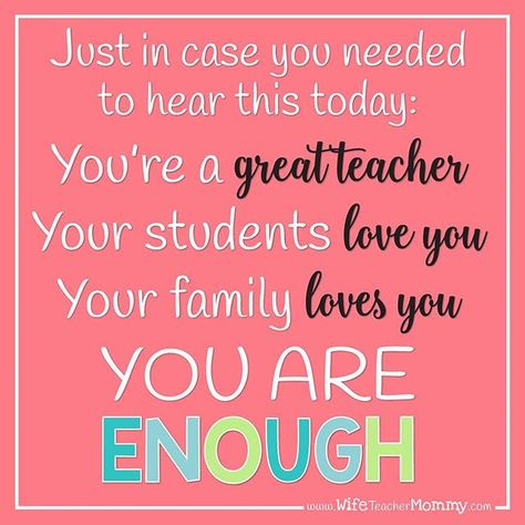 YOU. ARE. ENOUGH! You are a great teacher! Inspirational teaching quote by Wife Teacher Mommy Teacher Encouragement Quotes, Trainer Quotes, Best Teacher Quotes, Motivational Quotes For Teachers, Teacher Encouragement, Teacher Morale, Teacher Appreciation Quotes, Teacher Motivation, Teacher Quotes Funny