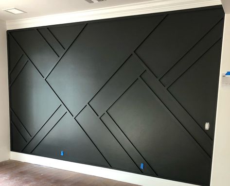 Horizontal Accent Wall Bedroom, Mens Office Accent Wall, Black Accent Wall Bedroom Led Lights, Geometric Accent Wall Living Room, Black Geometric Accent Wall, Black Wall With Wood Accents, Accent Wall With Wood Design, Trim Wall Design, Black Geometric Wall