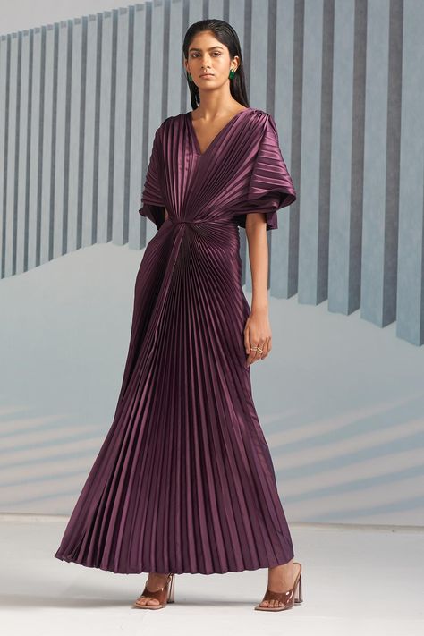 Abhinav Mishra, Flared Sleeve Dress, Deep Purple Dress, Western Dresses For Women, Pleated Gown, Gown For Women, Flare Sleeve Dress, Anarkali Gown, Ladies Gown