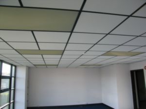 see after picture of painted white grid-I have more painting to do! Black Drop Ceiling Tiles, White Drop Ceiling, Black Drop Ceiling, Ceiling Tiles Diy, Drop Ceiling Makeover, Thought Painting, Ceiling Alternatives, Suspended Ceiling Tiles, Drop Ceiling Grid