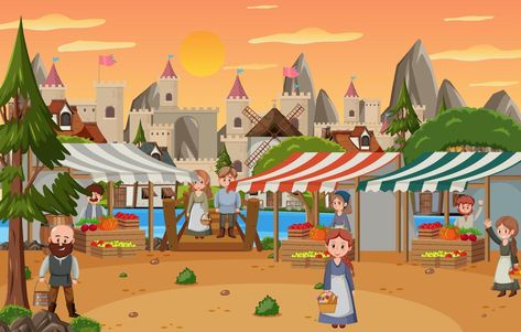 Medieval town scene with villagers at the market place Village Drawing, Writing Childrens Books, Medieval Market, Best Background Images, Cute Couple Cartoon, Cartoon Background, Medieval Town, Animation Background, Animated Images