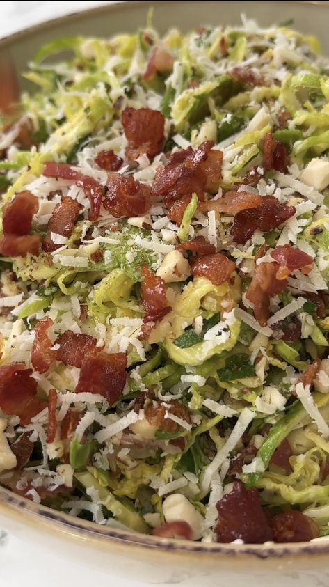 Brussels Sprout Salad with Bacon - Desert Island Dishes Shaved Brussel Sprouts, Brussels Sprouts With Bacon, Sprout Salad, Bacon Brussel Sprouts, Sprouts Salad, Brussel Sprout Salad, Sprouts With Bacon, Sprout Recipes, Brussels Sprouts Recipe