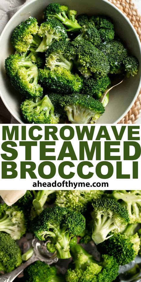 Microwave Steamed Broccoli is tender, buttery, and delicious. This easy side dish takes just minutes to prep and even less time to cook. Broccoli florets go from crunchy to unbelievably tender when steamed in the microwave. You may never cook broccoli any other way again! Learn how to steam broccoli in the microwave and add in just a few pantry staples to enhance the natural flavor of the broccoli even more. | aheadofthyme.com #microwavebroccoli #steamedbroccoli #broccoli via @aheadofthyme How To Steam Broccoli In Microwave, Steaming Broccoli In Microwave, Broccoli Microwave, How To Steam Broccoli, Steamed Broccoli Recipes, Steam Broccoli, Cook Broccoli, Garlic Broccoli, How To Cook Broccoli