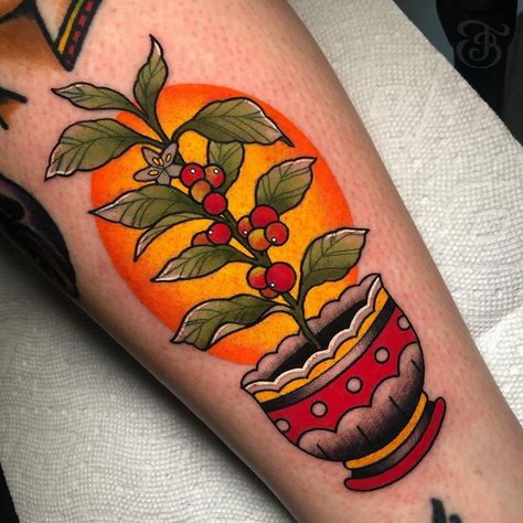 Neotraditional Tattooer | Traditional coffee plant tattoo for Alexandria. Thanks for picking this from my flash and for sitting so well! #coffeetattoo #planttattoo… | Instagram Traditional Coffee Tattoo, Coffee Plant Tattoo, Coffee Tattoos, Plant Tattoo, Coffee Plant, Color Tattoo, Flash, Tattoos, Coffee