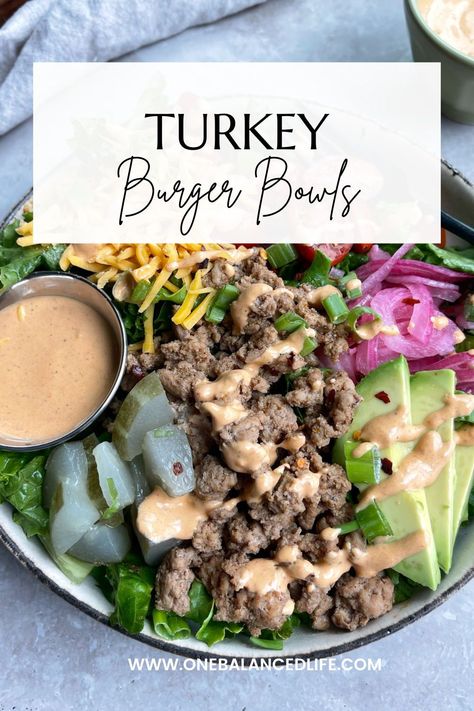 Add these Turkey Burger Bowls to your menu for the week! They are so simple to make and perfect for an easy lunch or dinner. Ground Turkey Lunch Bowls, Turkey Burger Salad Bowl, Turkey Burger Rice Bowl, Meal Prep Turkey Burgers, Turkey Burger Bowls Recipe, Ground Turkey Burger Bowl, Turkey Burger Bowls, Turkey Burger Bowl, Ground Turkey Bowl