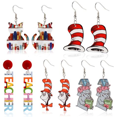 PRICES MAY VARY. Teacher Earrings Bulk--The teacher earrings has 5 various dangle earrings including cat book earrings, hat earrings, letter"teacher" earrings, elephant earrings, classical teacher elements, funny and cute. Holiday Earrings or Daily Earrings--These fun teacher earrings can be a gifts for teacher on teacher day or wearing in daily, also can be regarded as a ideal gifts before you back to school. Durable Material--All the dangle earrings are made of super acrylic, sturky and durabl Elephant Accessories, Teacher Accessories, Back To School Gifts For Teachers, Book Earrings, Elephant Earrings, Holiday Earring, Cute Elephant, Back To School Gifts, School Gifts