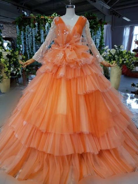 Orange Ball Gown, Vintage Ball Gowns, Haute Couture Wedding Dress, Sweet 15 Dresses, Long Trail, Ball Gowns Princess, Applique Wedding, Applique Wedding Dress, Tulle Ball Gown