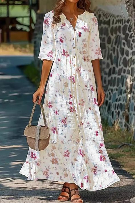 Casual Dresses for Women Online - Cherieday Floral Long Dress Casual, Modest Casual Dresses, Latest Casual Dress, Boho Floral Maxi Dress, Print Chiffon Dress, Woman Dresses, Modest Dresses Casual, Loose Maxi Dress, Cotton Linen Dresses