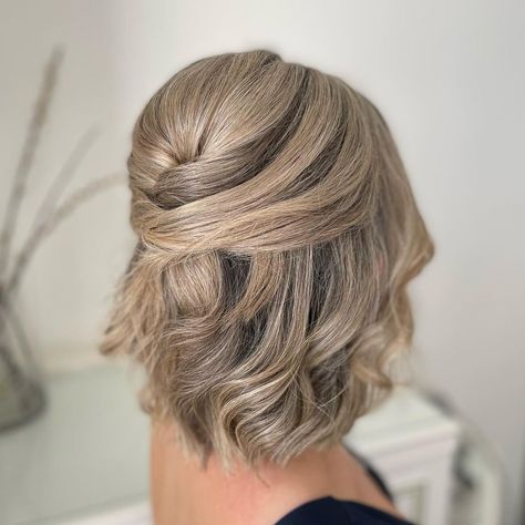 Pretty Half-Up Bob Hairstyle Short Hair Styles For Home Coming, Prom Hairstyles For Very Short Hair, Fake Updo For Short Hair, Pageant Hair Short Length, Short Hair Partial Updo, Mob Hair Styles Short, Bridesmaid Hairstyles For Short Hair Shoulder Length, Updos For Shorter Hair, Maid Of Honor Hairstyles Short Hair