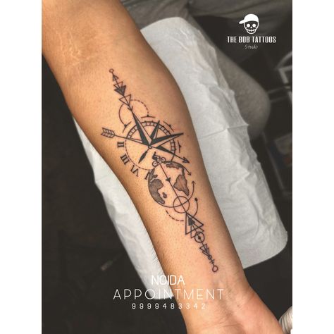 Compass Tattoo with Travel theme at THE BOB TATTOOS | NOIDA Explore Tattoo, Compass Design, Symbolic Representation, Safe Journey, The Compass, Design Tattoo, Travel Tattoo, Good Fortune, Compass Tattoo