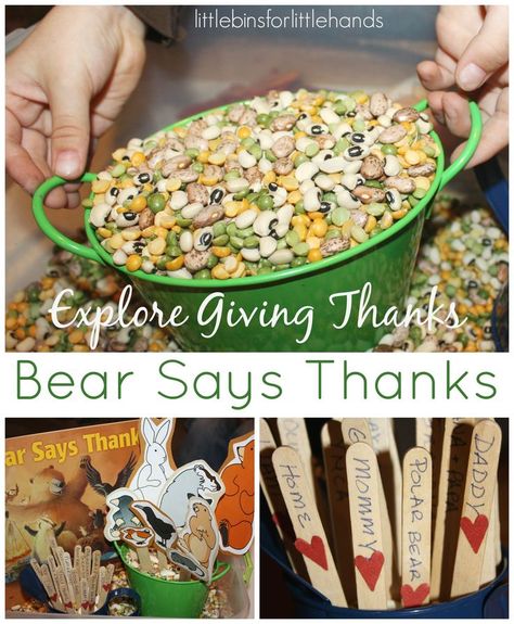 Bear Says Thanks Sensory Bin Project Gratitude & Sensory PlayParty! Explore giving thanks and the meaning of thankful with hands on play. Thanksgiving sensory play and literacy with Bear Says Thanks book activity. Bear Says Thanks, Thanksgiving Prek, Dough Sensory Play, Thanksgiving Sensory, Preschool Corner, Family Gratitude, Class Themes, Thanksgiving Activities Preschool, Preschool Thanksgiving