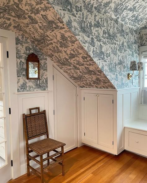 Whitney Mcgregor, Cottage Details, French Inspired Home, Slanted Walls, French Wallpaper, Toile Wallpaper, Attic Bedrooms, Attic Spaces, Attic Bedroom