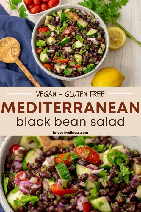 Mediterranean black bean salad is delicious, flavorful and so easy to make. This black bean salad with no corn is the perfect summer salad and made with simple ingredients. This recipe is budget friendly and a great use for your summer vegetables. This healthy side dish is great as a light lunch or as a side dish for cookouts, picnics, parties or weeknight meals. Vegan, gluten free and dairy free. Mediterranean Black Bean Salad, Mediterranean Black Beans, Cold Black Bean Salad, Vegan Black Bean Salad, Black Beans Salad Recipes, Black Bean Side Dish Recipes, Corn And Black Bean Salad Recipe, Black Bean Side Dish, Black Bean Side