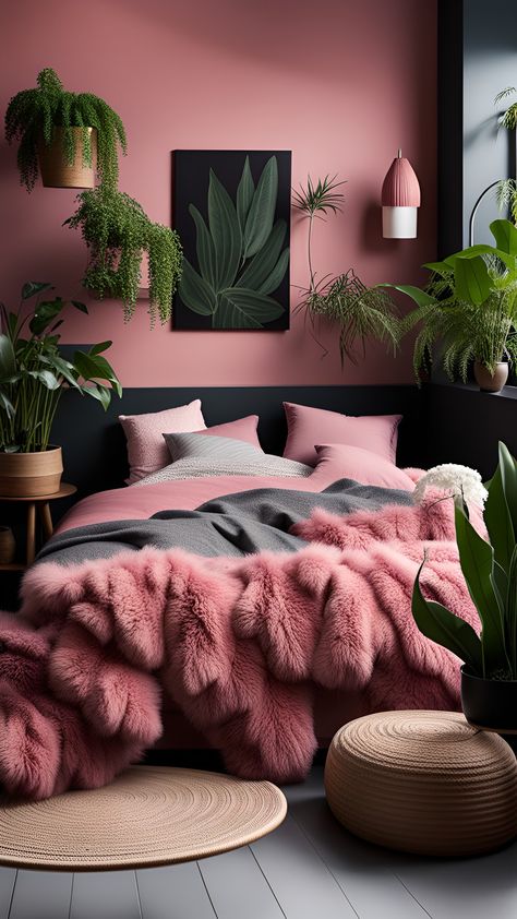 Pink Brown Decor, Pink Couples Bedroom, Black Pink Bedroom Ideas, Pink Bedspread Bedroom Ideas, Deep Pink Bedroom, Brown And Pink Room Aesthetic, Pink Bedrooms Grown Up, Moody Pink Bedroom, Brown And Pink Bedroom