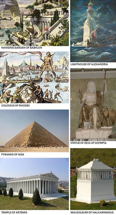 The 7 ancient world wonders. 7 Ancient Wonders Of The World, 7 Wonders Of The Ancient World, Gardens Of Babylon, Hanging Gardens, 7 Wonders, Great Pyramid Of Giza, Grece Antique, Ancient World, Pyramids Of Giza