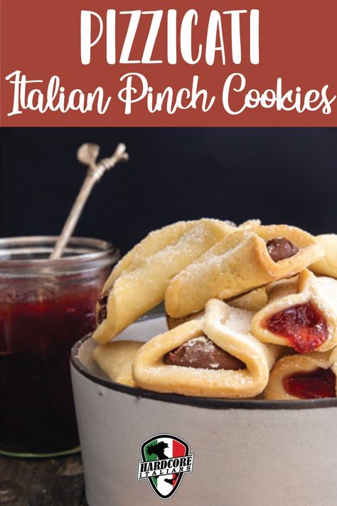 These tasty treats are often made in the winter, but can be enjoyed any time of year! They are often filled with jam or Nutella! Pizzicati are extremely buttery and crunchy on the outside, which blends well with their soft interior! Pizzicati (italian Pinch Cookies), Pizzicati Italian Cookies Recipe, Pinch Cookies, Italian Cookie Recipe, Italian Holiday, Food Fantasy, Mediterranean Food, Modge Podge, Italian Cookies