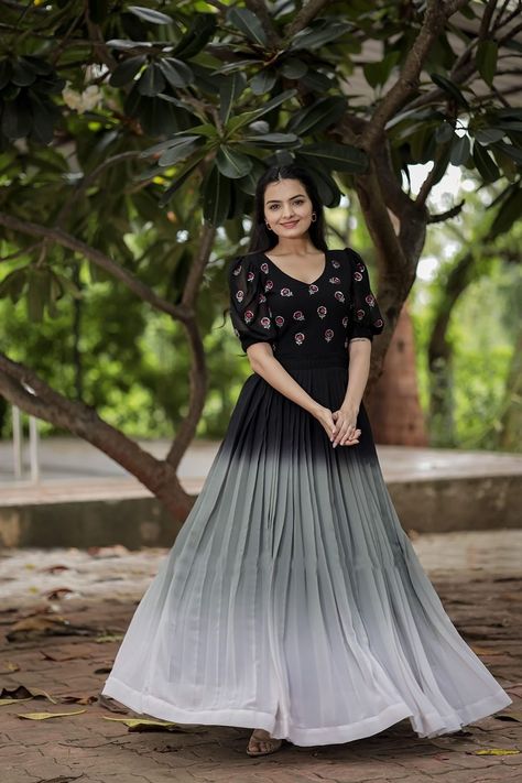 Rs.850/- one colour.This Black shadded Dress will make a statement for sure. The design features Embroidery Yok detailing and beautiful Shade of Black N Grey is made from Silk Fabric to amp up the look Material:- Silk Complete Linning Length 50"+ Long Gown Dress, Indian Gowns Dresses, Long Frocks, Indian Gowns, Black Embroidery, One Colour, Grey Colour, Long Gown, Shades Of Black