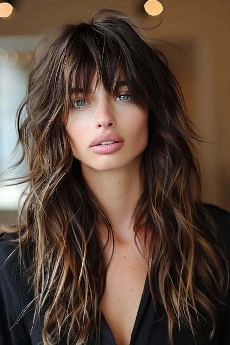 Choppy Layered Haircuts For Long Hair, Long Haircuts For Round Face Shape, Bangs For Thick Wavy Hair, Long Alt Hair, Long Alternative Haircut, 70s Shag Haircut Long, Haircuts For Medium Length Hair Layered, Rocker Hair, Long Shag Haircut