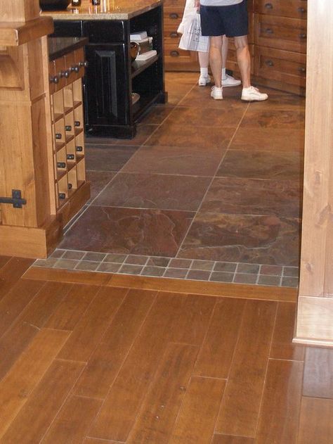 Hi! I've recently found this forum and am amazed at the wealth of information and support! We are fairly well along in our design phase of our kitchen, but we've recently made one change that is throwing off our original flooring plans. We were originally going to keep an existing doorway between K ... Tile To Wood Transition, Transition Flooring, Kitchen Tiles Design, Kitchen Floor Tile, Trendy Kitchen, Living Room Flooring, Room Remodeling, Room Flooring, House Flooring