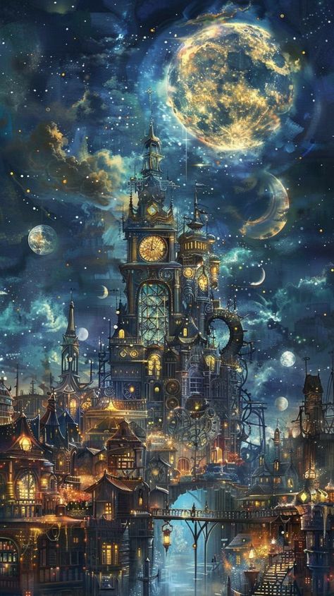 Gothic City Fantasy Art, Magitech City, Steampunk Alice In Wonderland, Steampunk World, Steampunk City, Moon Kingdom, Gardens Of Babylon, Beautiful Flower Drawings, Dreamy Artwork