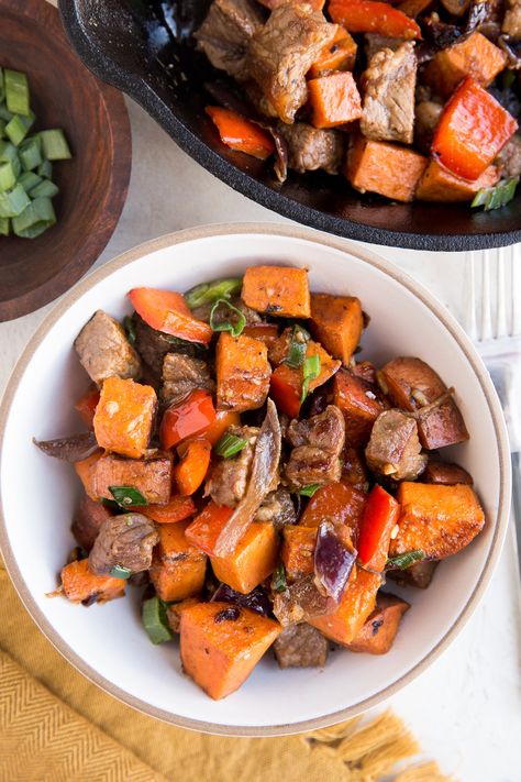 Steak And Sweet Potato, Sirloin Tip Steak, Dairy Free Lunch, Sweet Potato Dinner, Potato Skillet, Freeze Sweet Potatoes, Leftover Steak, Sweet Potato Skillet, Crispy Beef