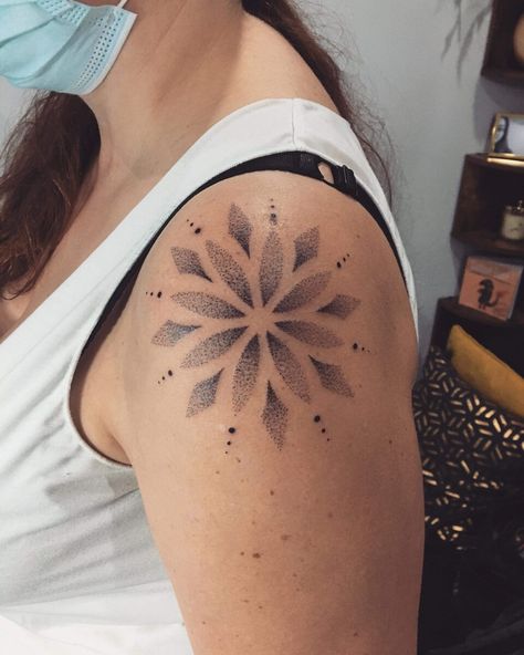 Dot Ornament Tattoo, Dot Work Shoulder Tattoo, Black Dot Tattoo, Chakra Tattoo Chest, Dot Style Tattoo, Dotwork Tattoo Mandala Dots, Dotted Tattoo Design, Dot Tattoos For Women, Small Dotwork Tattoo