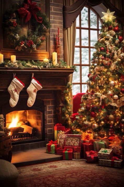 Christmas Fireplaces, English Homes, Christmas Aesthetics, Cozy Scandinavian, Scandinavian Room, Lights Aesthetic, Christmas Wallpaper Backgrounds, Christmas Scenery, Cosy Christmas