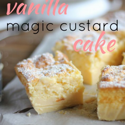 Custard Tea Cake, Magic 3 Layer Custard Cake, Vanilla Magic Custard Cake Recipe, Custard Recipes Desserts, Custard Layer Cake, Vanilla Custard Cake Recipe, Magic Custard Cake Recipe, Vanilla Magic Custard Cake, Custard Cakes