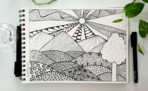 Easy Doodle/Zentangle landscape/scenery drawing. Zentangle Art Scenery, Landscape Doodles Easy, Scenery Mandala Art, Zentangle Scenery, Simple Scenery Drawing, Landscape Scenery Drawing, Doodle Landscape, Zentangle Landscape, Scenery Drawing For Beginners