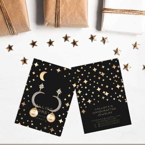 Modern Gold Black Stars Moon Earring Display Card Earring Display Card, Moon Earring, Jewelry Display Cards, Earring Hole, Moon Pattern, Stars Moon, Black Stars, Navy Blue Background, Blue Stars