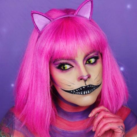 Costume Ideas With Pink Hair, Halloween Costume Ideas With Pink Hair, Halloween Makeup Pink Hair, Halloween Costumes For Pink Hair, Pink Haired Halloween Costumes, Pink Wig Halloween Costume Ideas, Pink Wig Halloween Costume, Costume With Pink Hair, Pink Cat Makeup