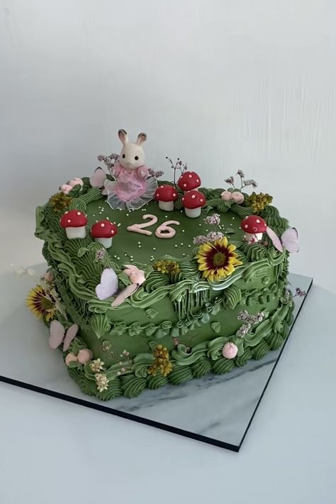 Cake Mushroom, Enchanted Garden Theme Cake, Cute Dragon Cake, Flower Fairy Cake, Secret Garden Cake, Green Fairy Cake, Fairy Core Cake, Nature Birthday Cake, Enchanted Garden Cake