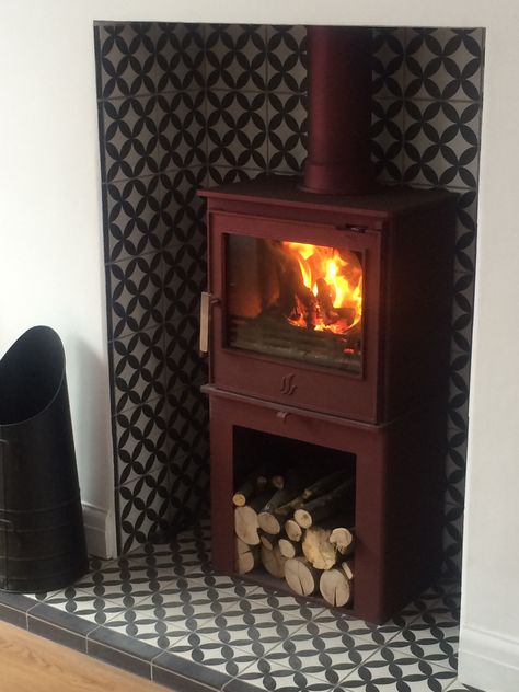 Woodburner and retro tiles- The Over To You Ginger House Woodburner Tiles Ideas, Tiles Behind Stove Wood Burning, Tiled Inside Fireplace, Tiled Fireplace Recess, Tiled Fireplace Woodburner, Wood Burner Tiles, Tiles Behind Log Burner, Log Burner Tiles Behind, Log Burner Tiles